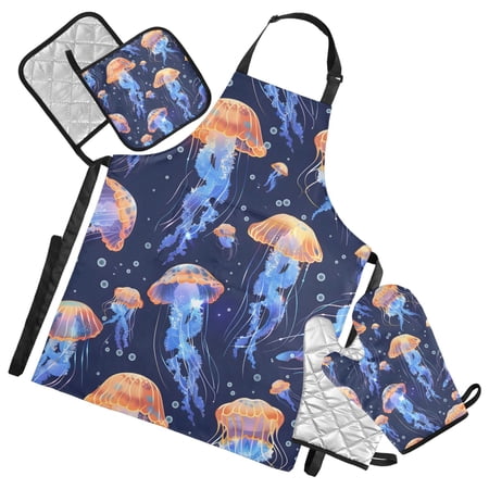 Beautiful Jellyfishes 5 Pcs Kitchen Set Heat Resistant Oven Mitts and Non-Slip Pot Holders with Adjustable Cooking Apron