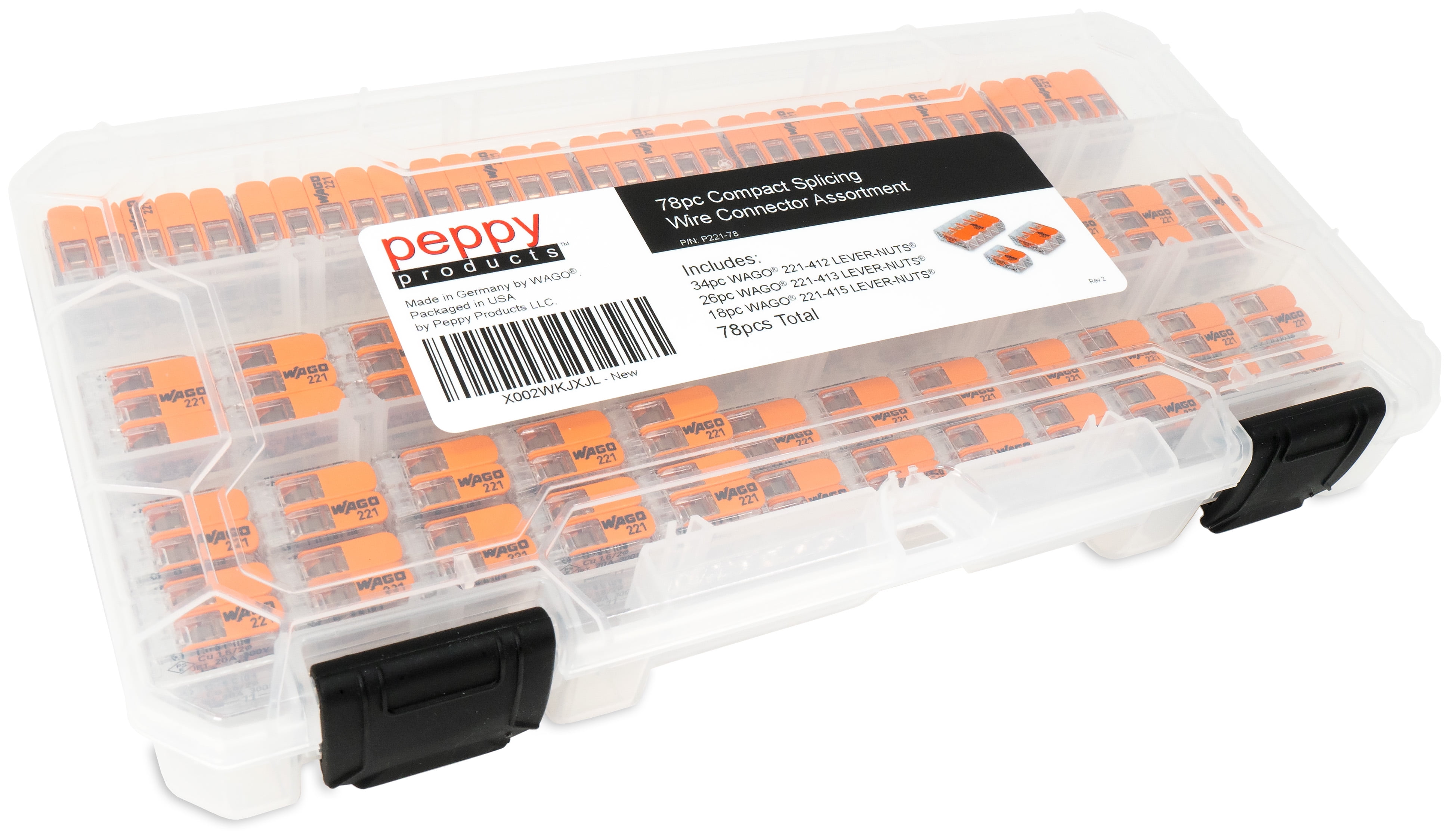 WAGO 221 LEVER NUTS 78pc Compact Splicing Wire Connector Assortment with Case. Includes (34x) 221-412, (26x) 221-413, (18x) 221-415
