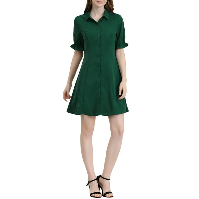 INSPIRE CHIC Vestido de Camisa de Botones de Color Sólido de Manga Corta para Mujeres M Verde Oscuro