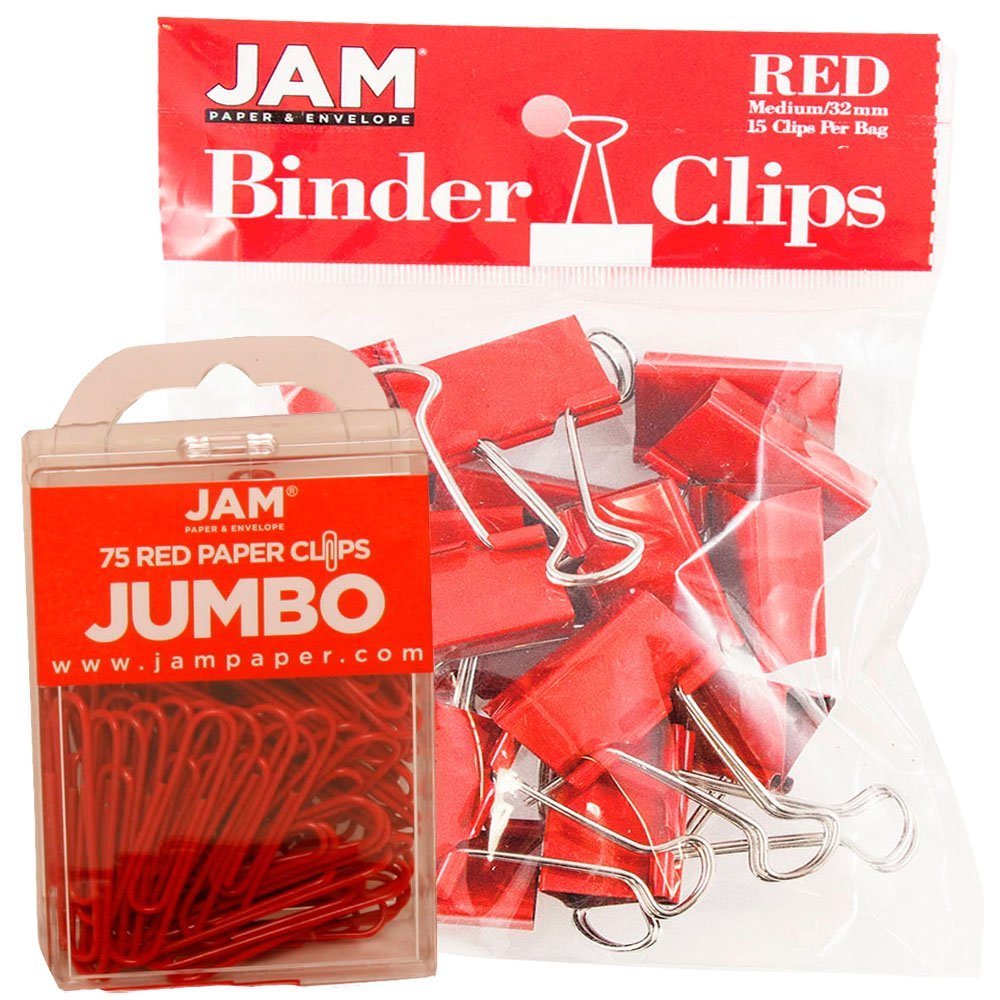 JAM Office Desk Supplies, Red, 2/Pack, 1 Jumbo Paper Clips & 1 Medium