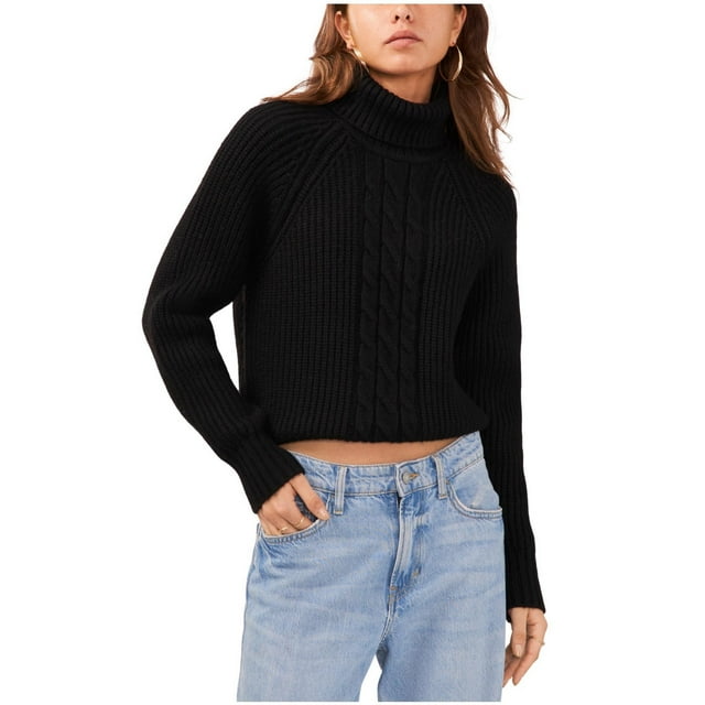 1.STATE Chandail en Tricot à Col Roulé et Dos Découpé pour Femmes, Manches Raglan, Noir, Très Petit