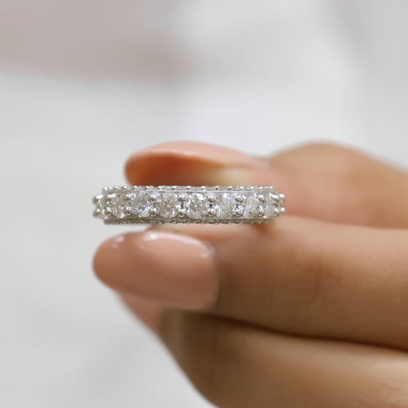 VINSON 3 MM Round Diamond Eternity Band - Moissanite Diamond Wedding Band Three Sided Pave Stackable Band Anniversary Ring Gift for Her