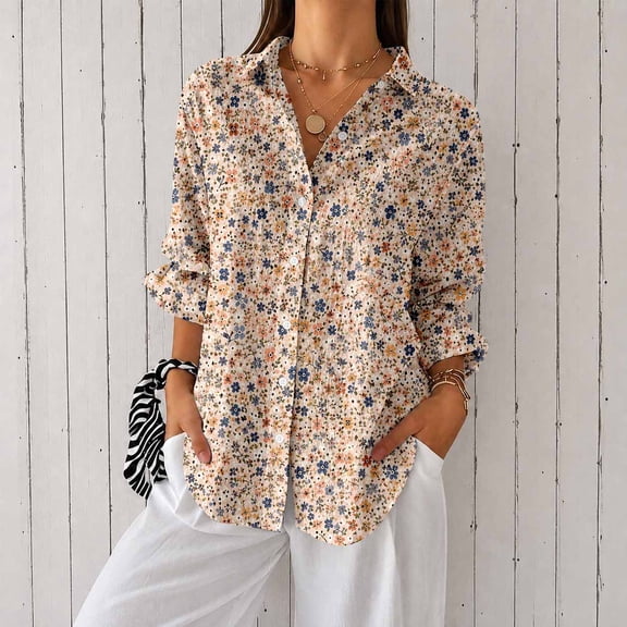Nyfairy Women Floral Print Button Down Blouse, Long Sleeve Dressy Casual V Neck Loose Fit Shirts