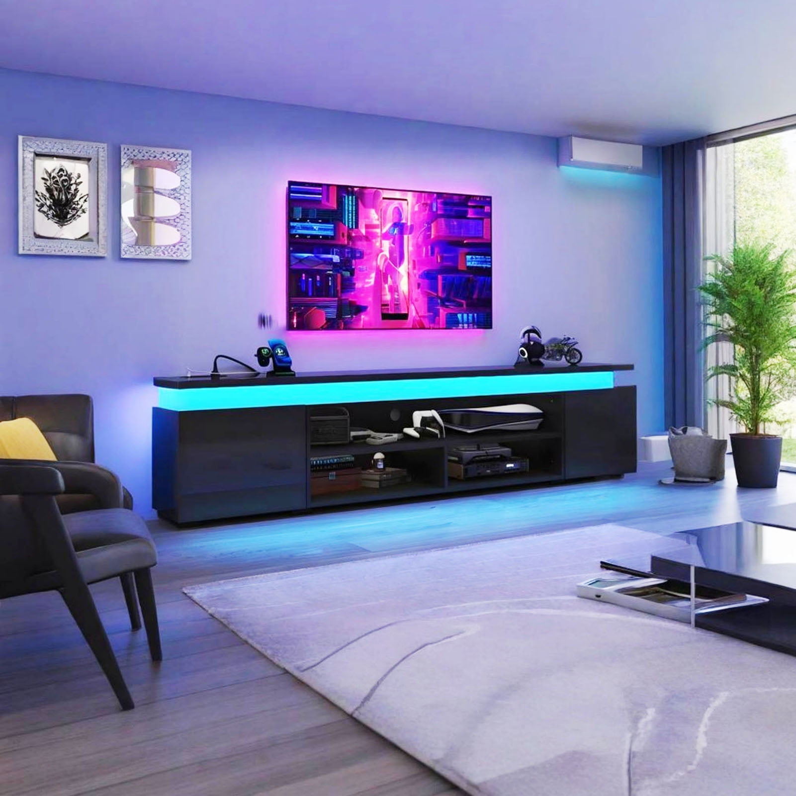 80" LED TV Stand with Power Outlet for up 90" TVs, Modern Large Entertainment Center Long Sounbar Media Console Table Stand for Living Room