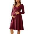thumbnail image 2 of UKHCCC Women's Maternity Midi Dress, V-Neck Long Sleeve Ribbed Knit A-Line Dress with High Waist, Stretchy Loose Pregnancy Dress for Work, 2 of 8