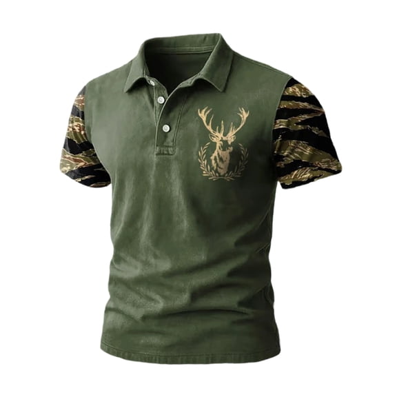 Men's Print Polo Shirt, Camo Color Block Short Sleeve Casual Top, Outdoor Western Style Golf Shirt for Men