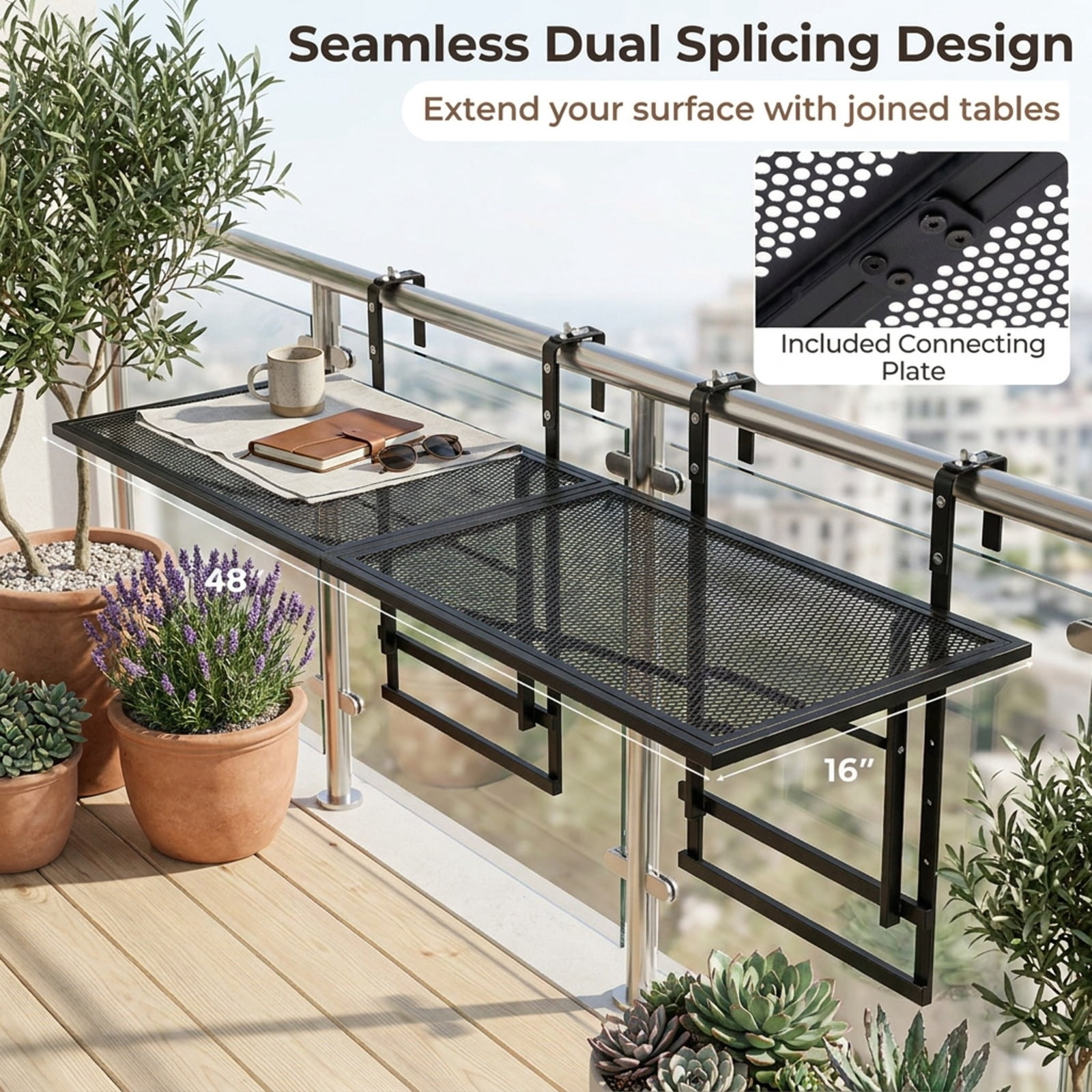 Biotree 48" Balcony Railing Table Set of 2 with 5-Level Adjustable Height for Patio Deck, Black