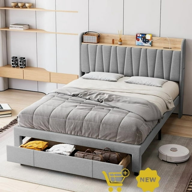 Jojoka Lit Plateforme Rembourré avec Tête de Lit de Rangement et Station de Recharge, Rangement avec Tiroir, Aucun Sommier Requis