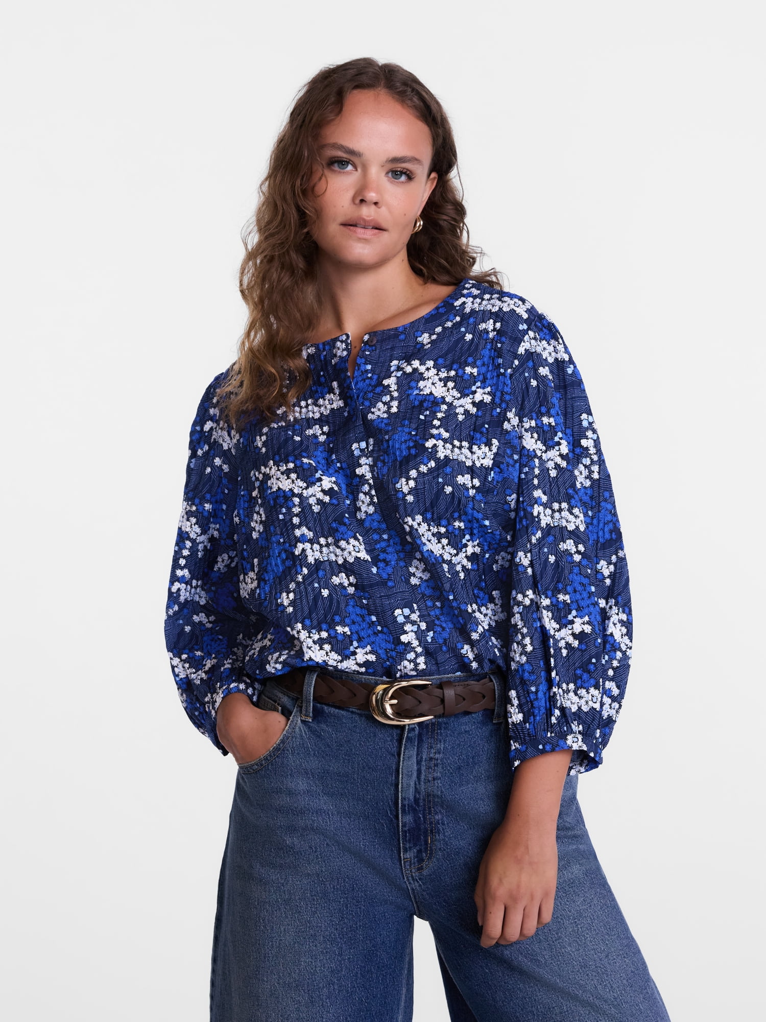 Scenario Women's and Women's Plus Blouse with 3/4-Length Puff Sleeves, Sizes XS-4X