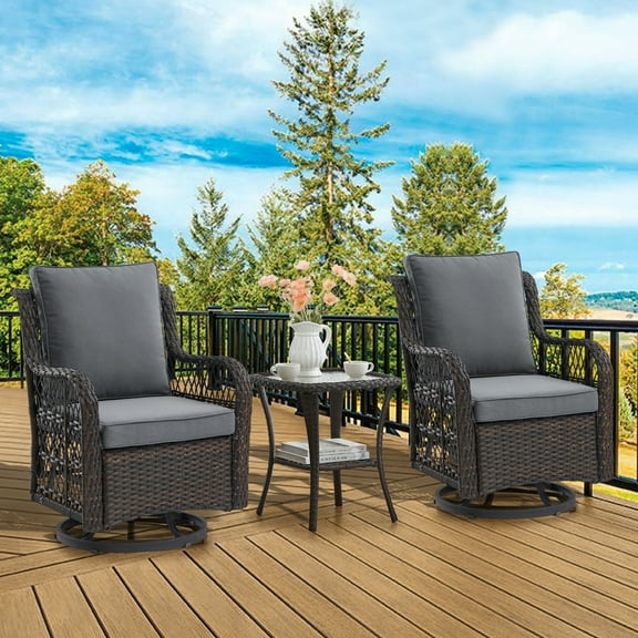 Twister.CK 3 Pieces Patio Furniture Set, Outdoor Swivel Gliders Rocker, Wicker Patio Bistro Set with Rattan Rocking Chair, Glass Top Side Table and Thickened Cushions for Porch Deck Backyard