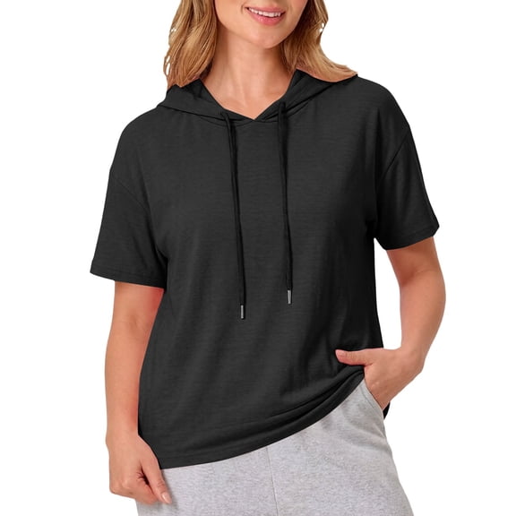 Women's Short Sleeve Hoodie Tops Casual Loose Fit Pullover Sweatshirts Soft Lightweight Fall Winter Daily Wear by Yigetop Black L