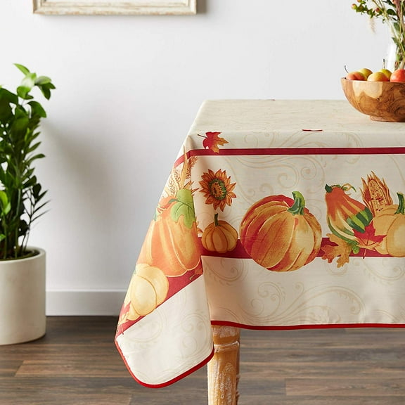 European Polyester Tablecloths - Fall Harvest Autumn Leaves With Pumpkins And Corn Print On The Side - Ivory 60" X 102"
