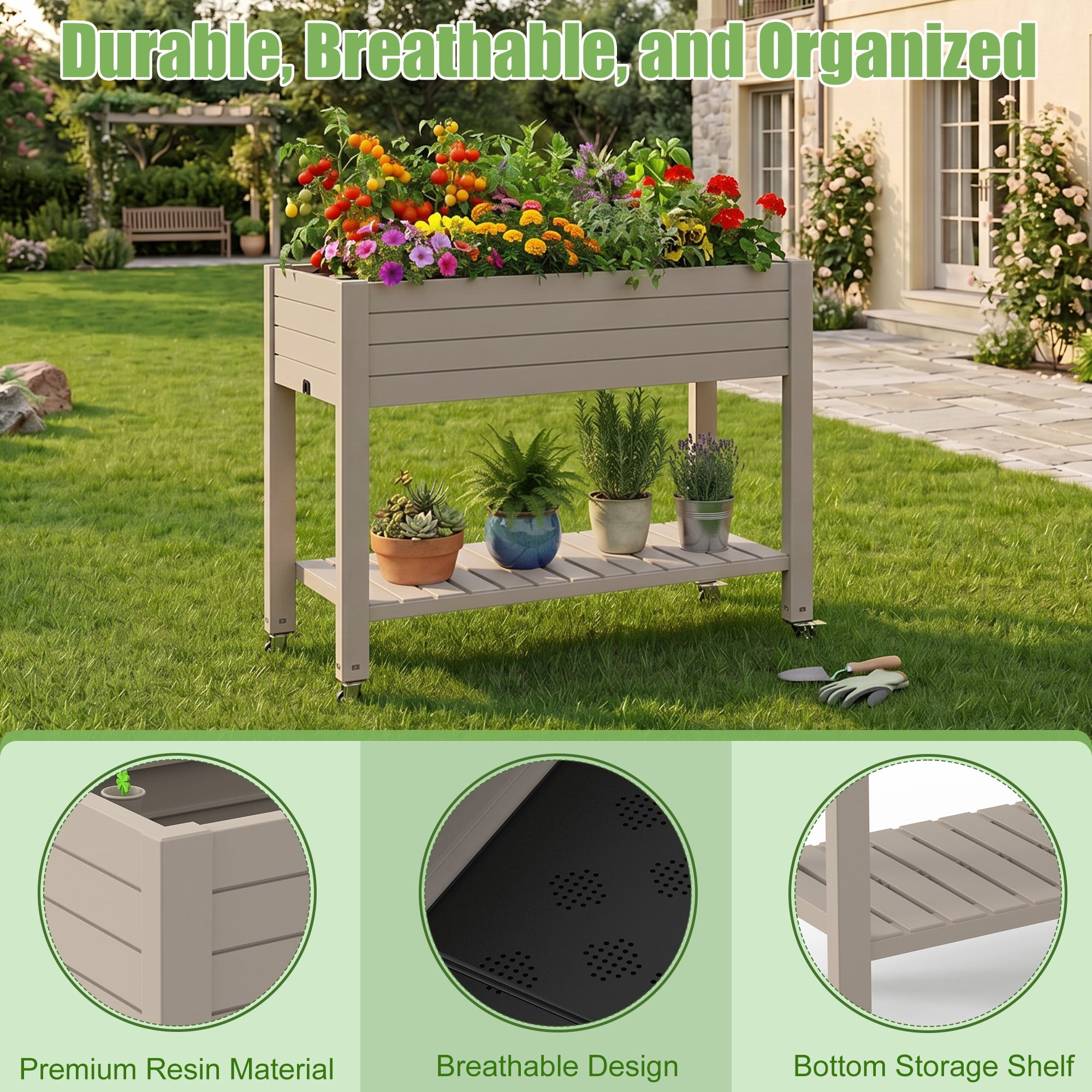Joxxoaa Raised Garden Bed with Legs,Self-Watering Resin Planter Box with Lockable Wheels Drainage Plug and Gauge for Vegetables, Flowers, Storage Shelf for Tools and Accessories (Brown)