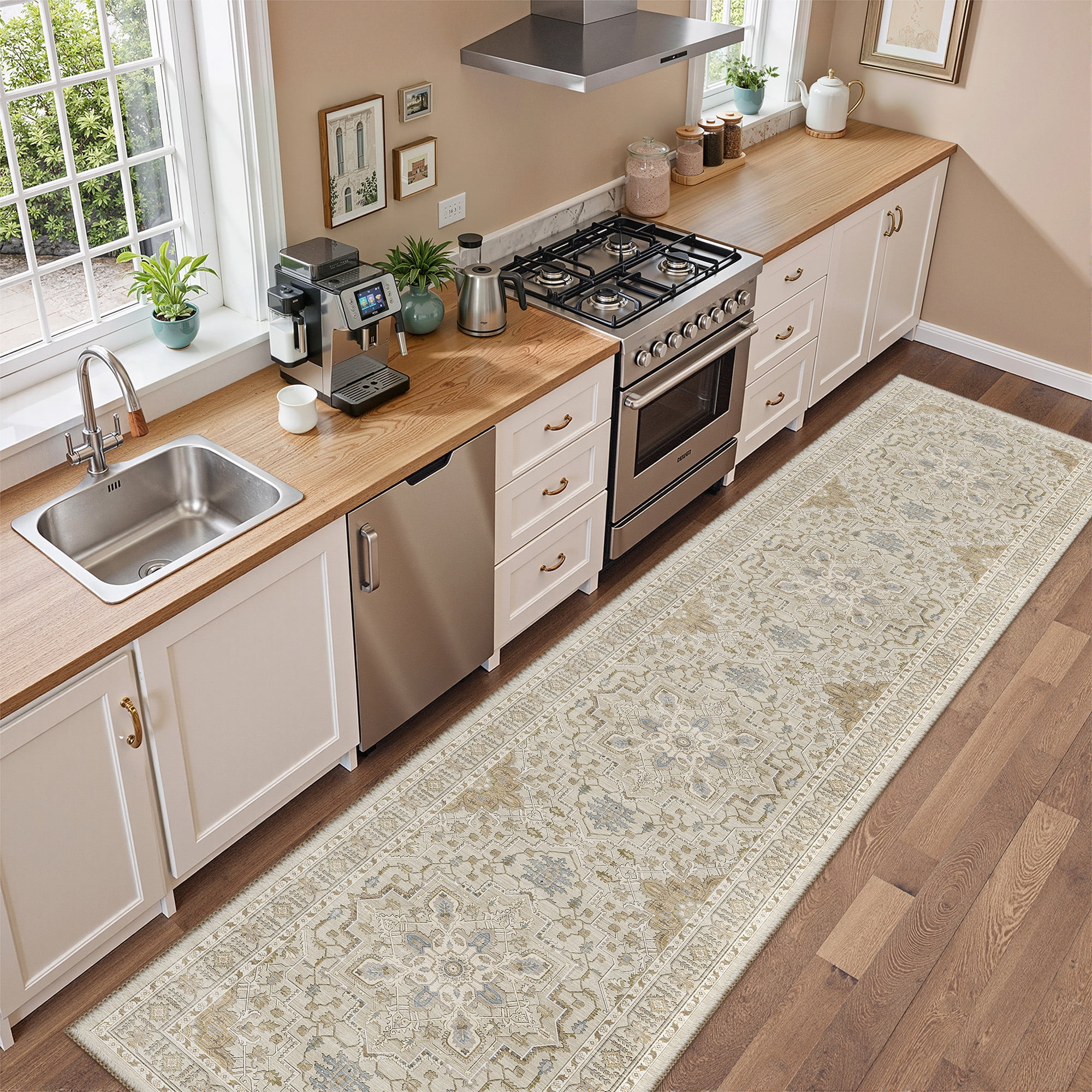Roxstand 2'x10' Washable Runner Rug for Hallway Entrance Bedroom Entryway, Vintage Non Slip Stain Resistant Kitchen Rugs, Beige