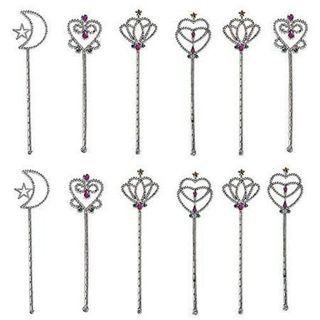 Plastic Jeweled Wands - 12 Pack Tiara Moon And Hearts Shapes