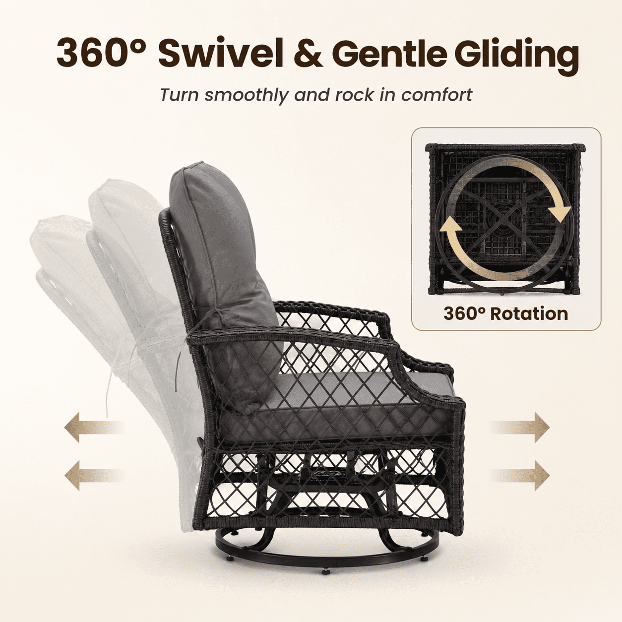 3-Piece Outdoor Swivel Rocking Chairs Set, Weather-Resistant Patio Furniture for Porch Backyard Poolside, with Coffee Table & Thick Cushions, Easy Assembly, Wicker 360° Swivel Rocker Bistro Set