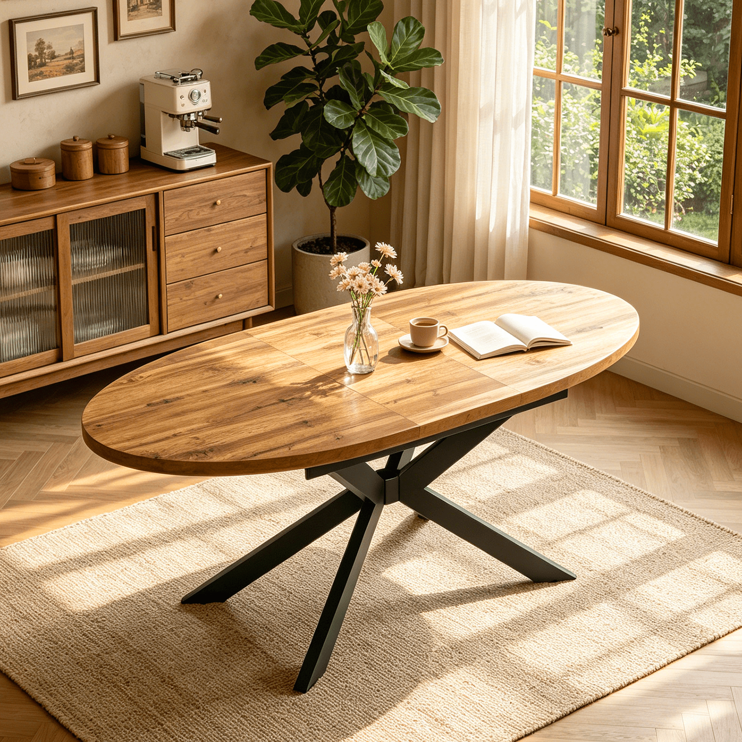 63.2"-78.9" Extendable Round Dining Table for 4-6, Mid Century Modern Wooden Round Table with Removable Leaves Space Saving, Large Folding Dining Table for Dining Living Room , Walnut