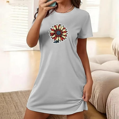 Xysaqa Women Chemise Night Gown Soft Sleepwear Lingerie  Long Nightgowns For Women Women S Oversized Short Nightgown Printed Round Neck And Short Sleeves Dress Women S Tank Nightgown Sleepshirts Savin