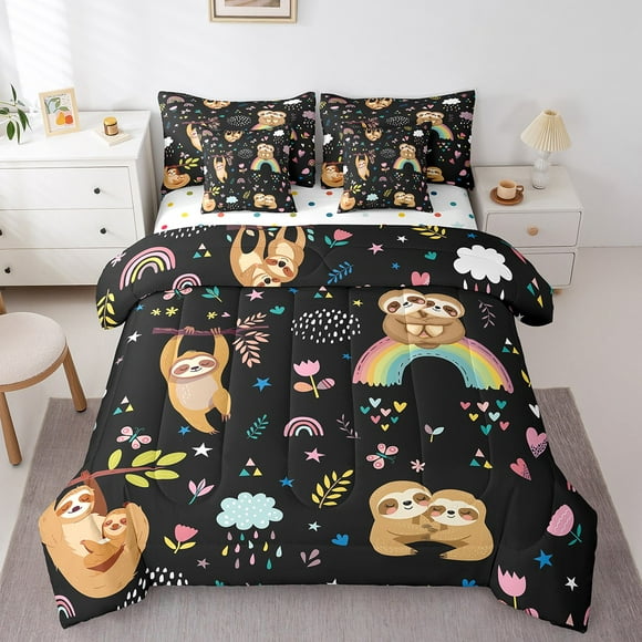 Erosebridal Cute Sloth Bed in a Bag King size, Rustic Flower Bed Set, Cartoon Animal Reversible Bedding King Size, Breathable Bedroom Decoration, 7pcs
