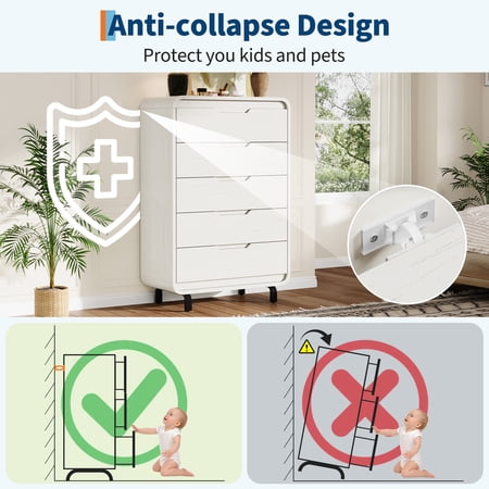 Modern 5-Drawer Wood Dresser - 48 Tall Wide Storage Chest - Rounded Corners Handleless Design for Bedroom Living Room Hallway - White - 5 Dou Antique White