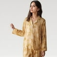 thumbnail image 3 of Women's Satin Pajama Set with Golden Botanical Print Long Sleeve Button Up Top and Relaxed Fit Pants - Medium, Yellow, 3 of 7