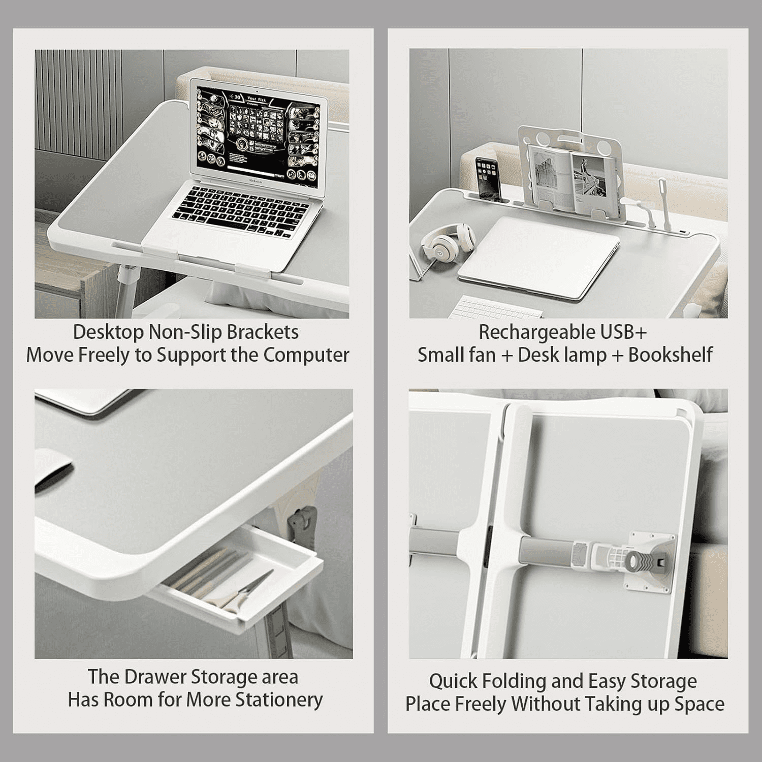 Lap Desk Bed Tray Table, Adjustable Laptop Stand for Bed with USB/ Light/ Fan/ Drawer, Portable Laptop Desk Table for Bed/ Couch/ Sofa/ Reading/ Writing, Bed Trays for Eating And Laptops