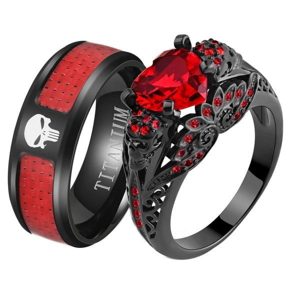 Matching Skull Rings Couple Ring Gold Plated Red 1CT CZ Women Wedding Ring Set Male Ring