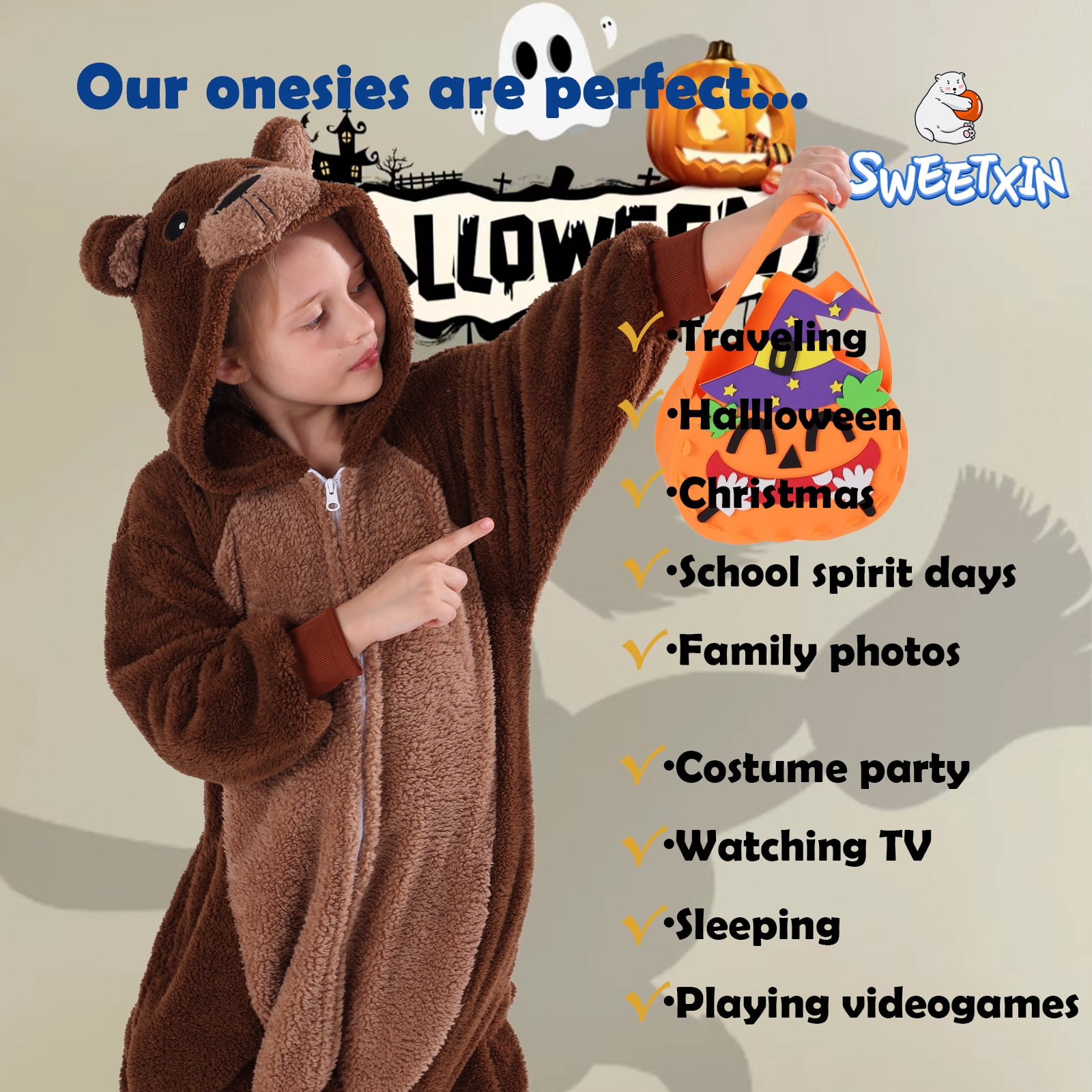SWEETXIN Kids Bear Onesie Pajamas Plush Costume Cosplay Sleepwear for Girls Boys Jumpsuit 5T