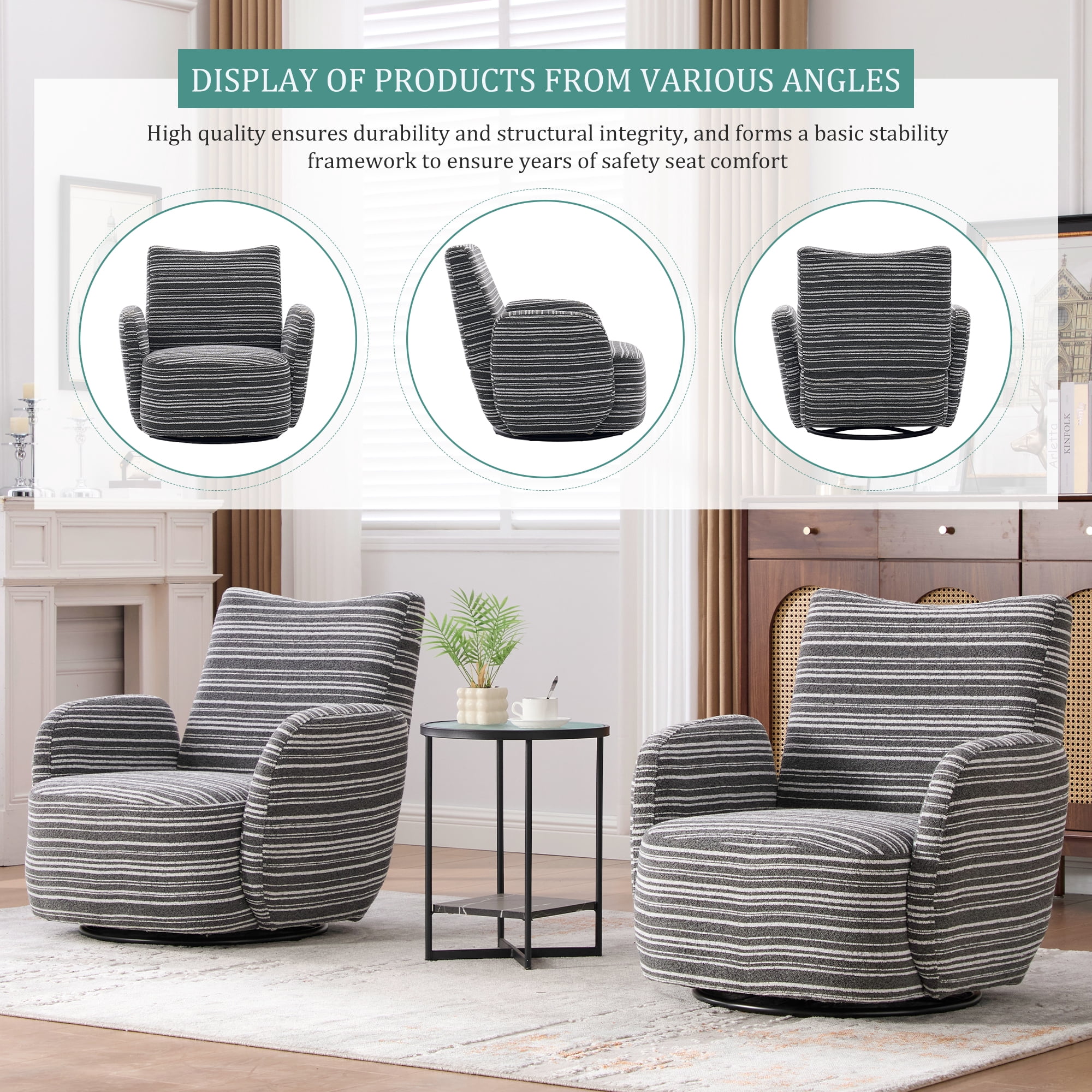MOONMISS Boucle Upholstered 360°Swivel Fabric Striped Armrest Leisure Chair for Living room-Dark Gray