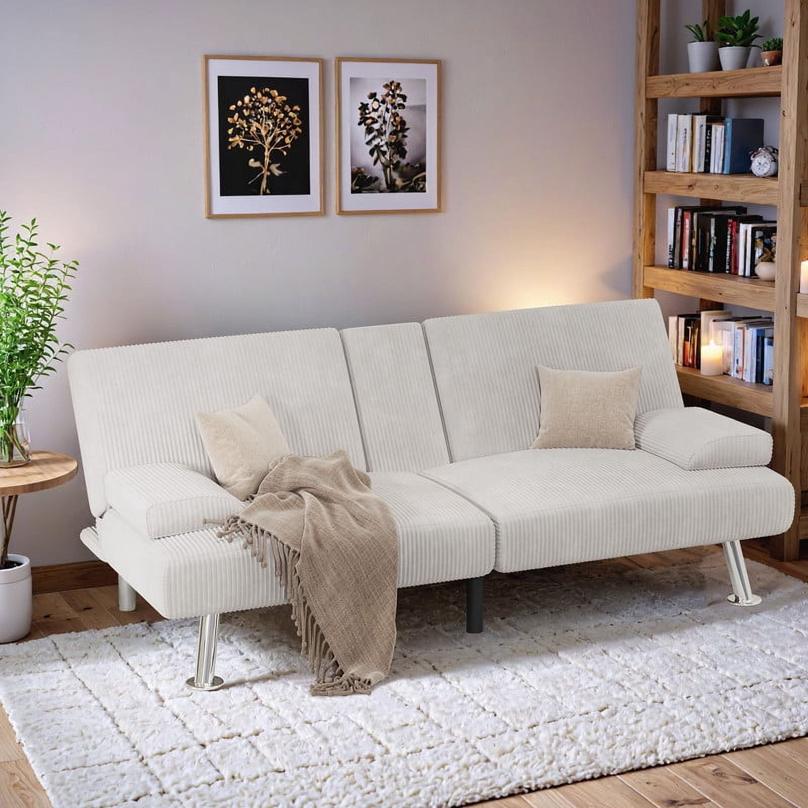 Vineego Convertible Corduroy Futon Sofa Bed with Removable Armrests,Beige