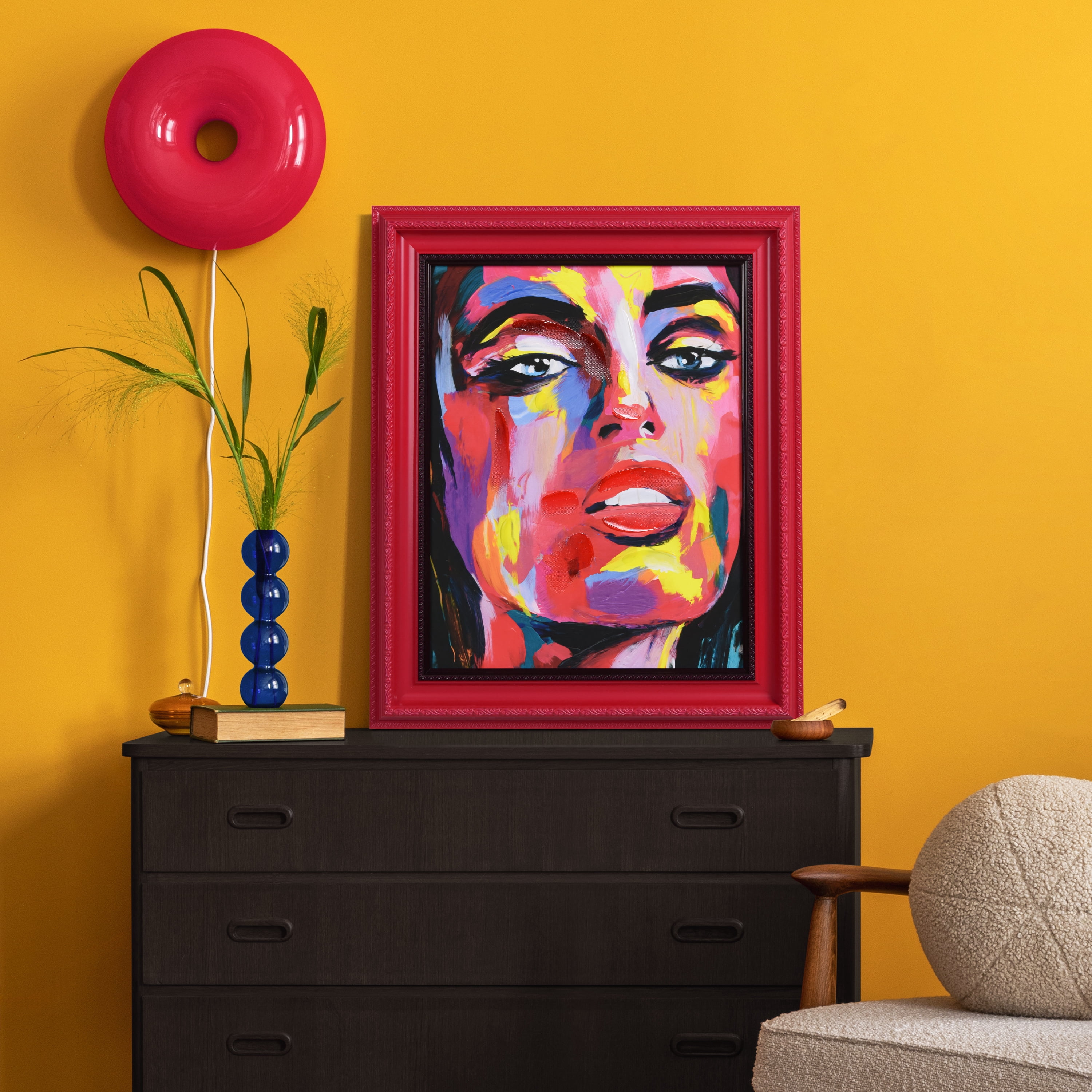 "Vivid Elegance" Chromatic Hand Painted Embellished Giclee Portrait Canvas Wall Art with Baroque Two-Tone Frame