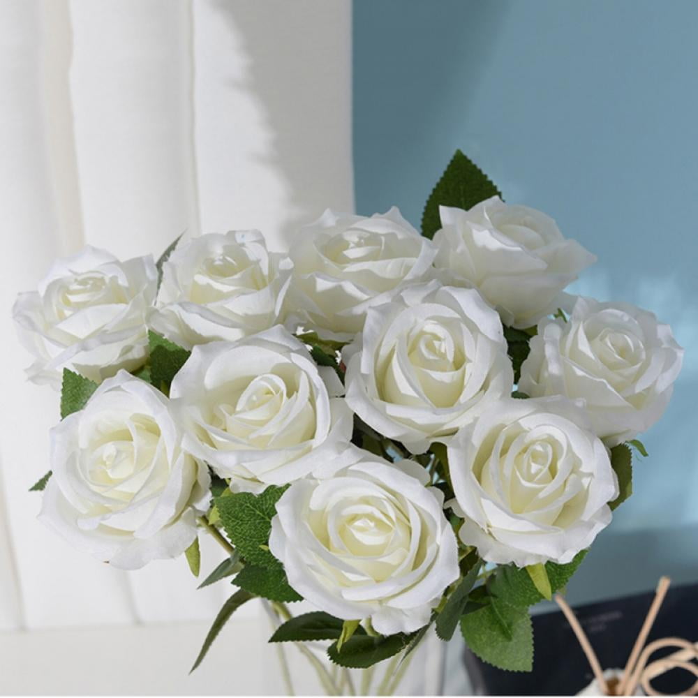 Aosijia 10 PCS Artificial White Roses Flowers for Valentine's Day, Silk Roses with Stems Fake