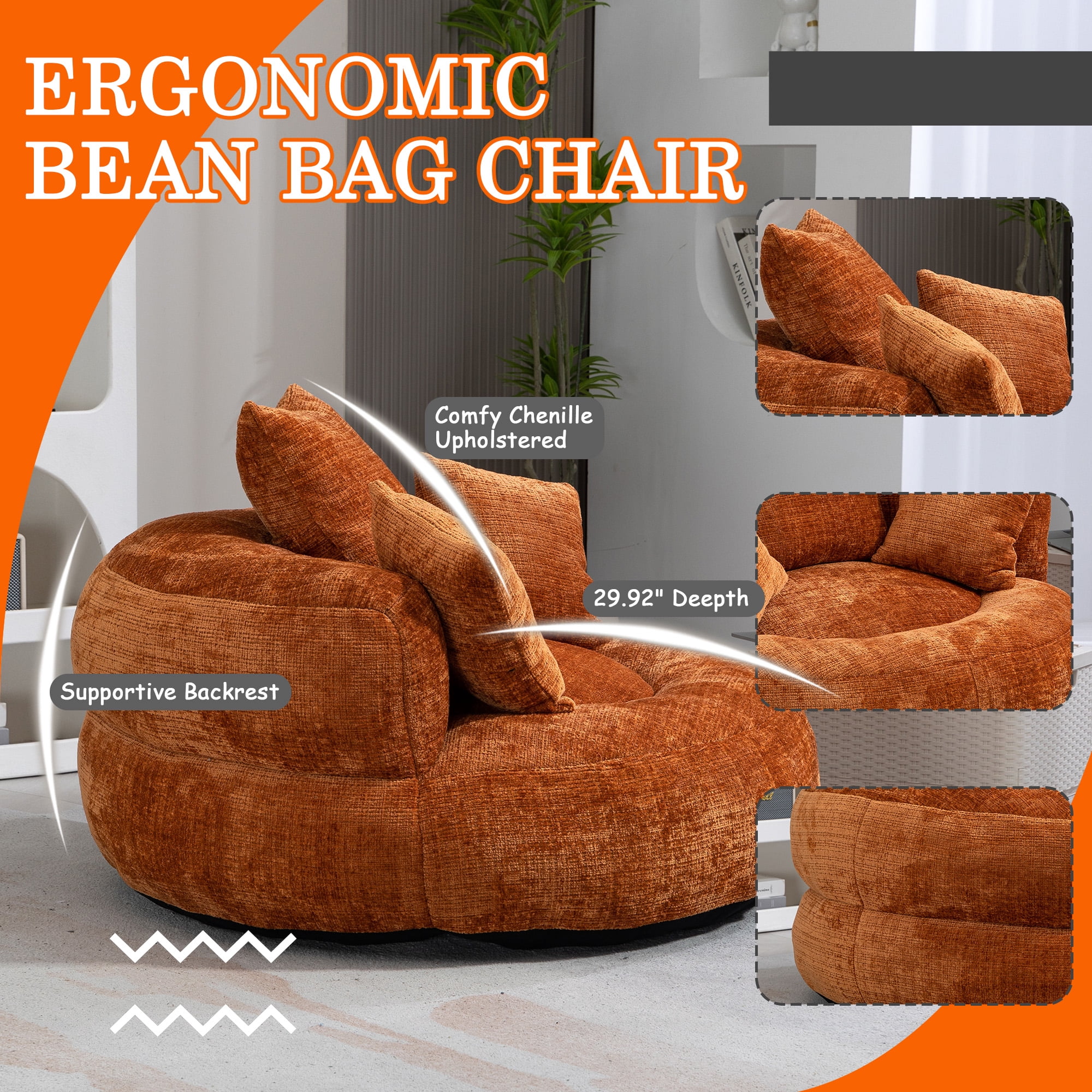 MOONMISS Chenille Upholstered Durable Comfort Lounger Bean Bag Lazy Sofa with Three Pillows-Orange