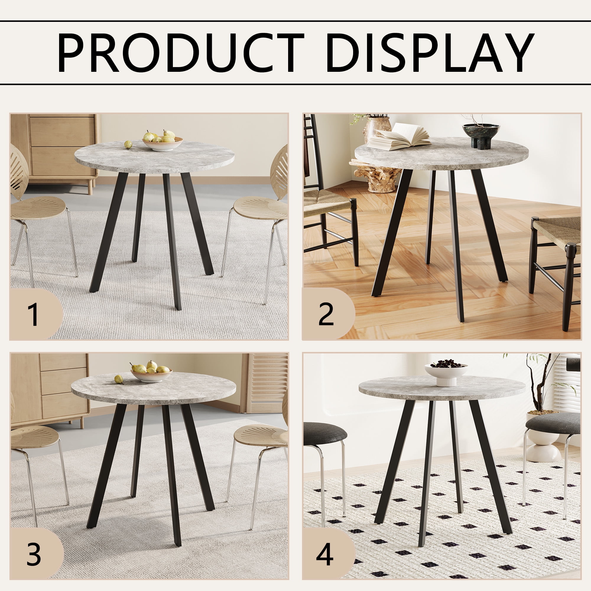 MOONMISS Modern Round Kitchen Dining Table,33.5 Inch Small Space Table with Gray Cement Texture Top,Mid-Century Leisure Coffee Table for Dining Room,Apartment & Office