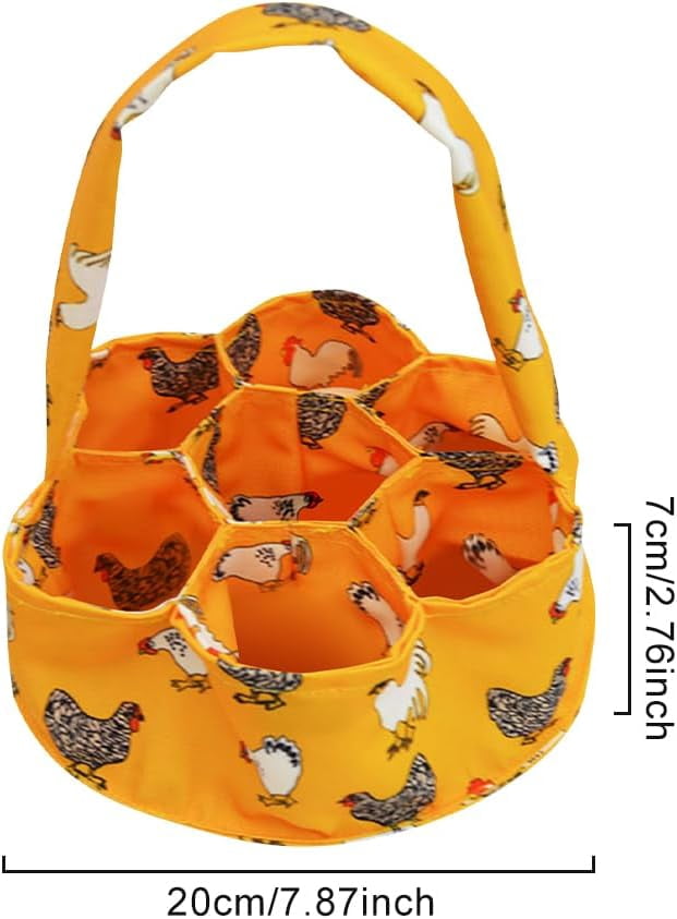 Egg Basket Canvas Collecting Holder with 7 Pouches, Extended Handle, Farm Fresh Carrier for Chicken Duck Goose Eggs, Orange