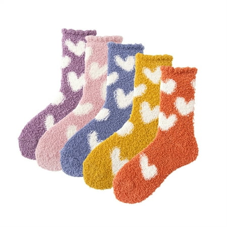 

5 Pairs Heart Print Fleece Slipper Socks Sleeping Socks Fuzzy Fluffy Thermal Socks for Women Teen Girls(Mutilcolor 2)