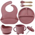 thumbnail image 1 of Babero de silicona para madres e hijos Plato de silicona para la cena Juego de ocho piezas Plato de succión para entrenamiento complementario de alimentos para bebés Juego de vajilla separada para, 1 of 5