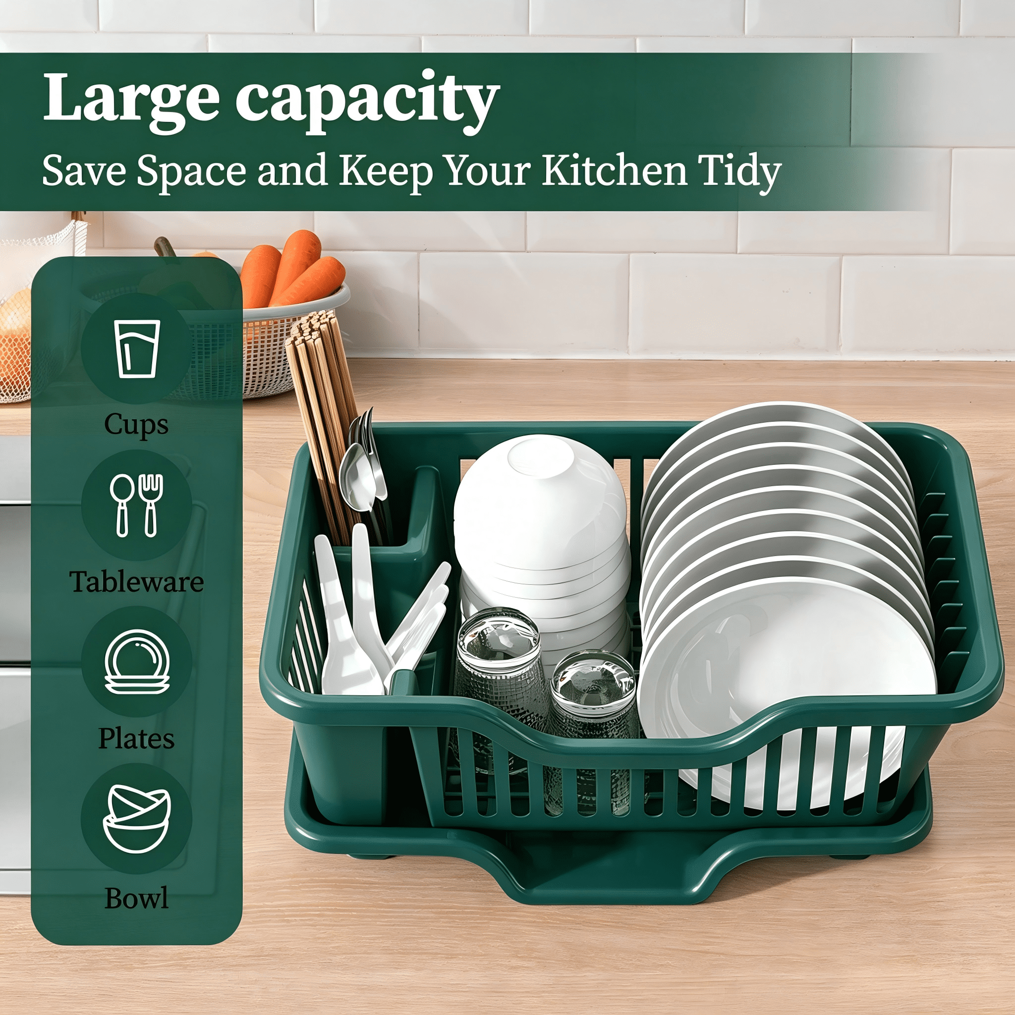 Dish Drying Rack Dish Strainers Cutlery Holder Utensils Holder Dish Rack and Drainaboard Set for Kitchen Countertop Dining Room Restaurant Dark Green