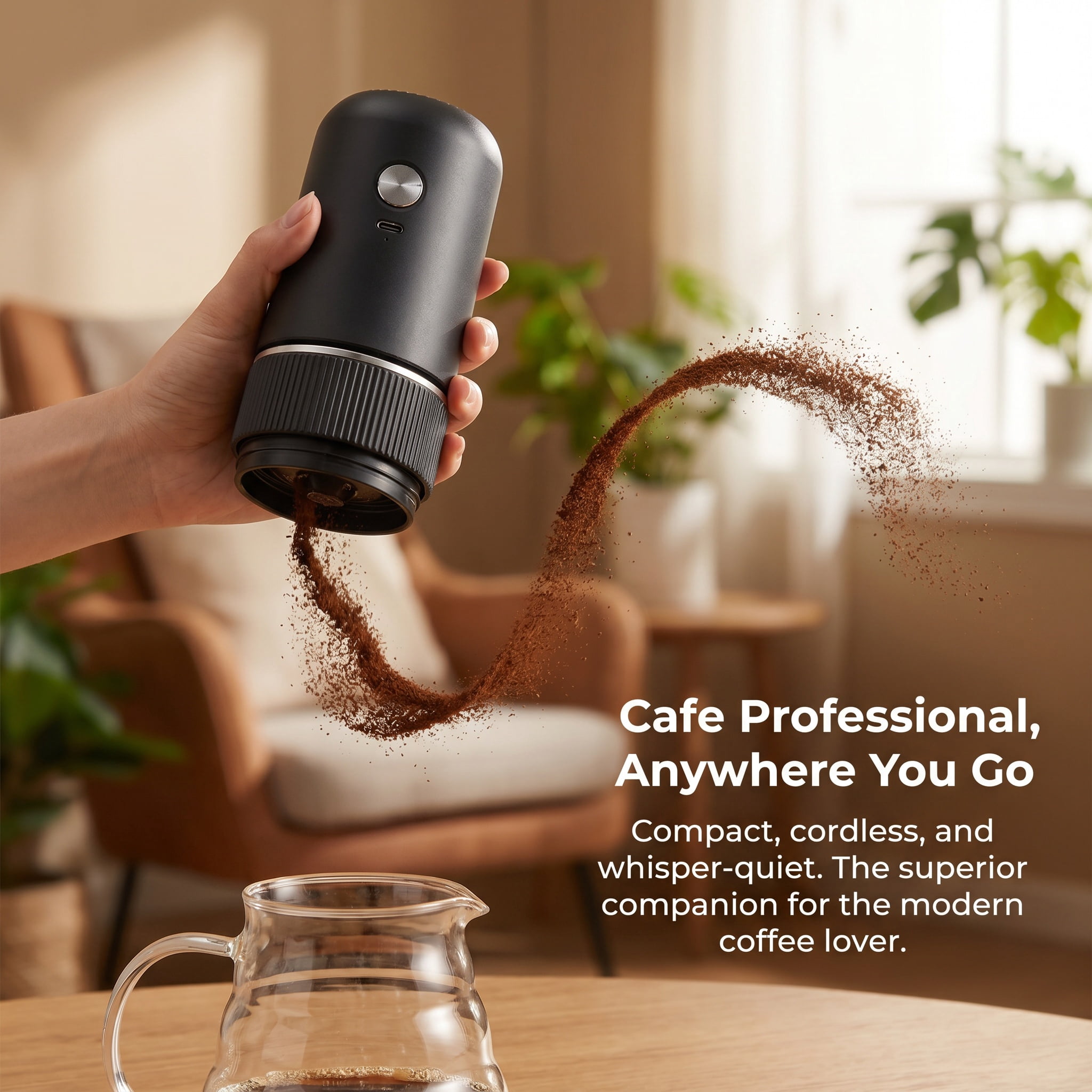 Electric Coffee Bean Grinder with Adjustable Coarseness, Portable Cordless Conical Burr Mill, USB-C Rechargeable Small Automatic Grinder for Espresso, Pour Over & French Press, Obsidian Matte