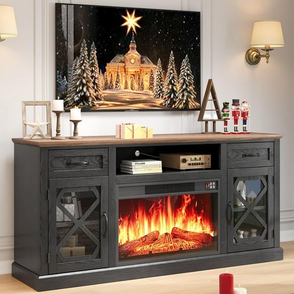 PAPROOS Fireplace TV Stand for 65 Inch TV, Modern Farmhouse TV Cabinet with 23'' Electric Fireplace, Entertainment Center Television Console Table for Living Room, Black Brown