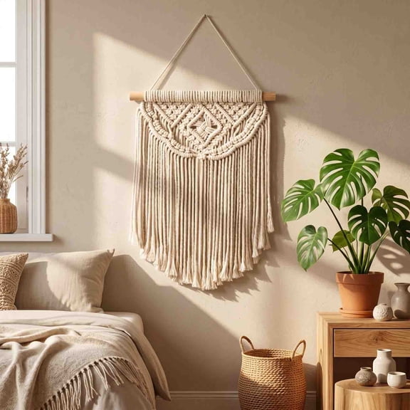 Macrame Wall Hanging Tapestry 5 Styles Hand Woven Cotton Rope, Boho Fringe Wall Art with Wooden Dowel for Bedroom Living Room Wedding Background Home Decor