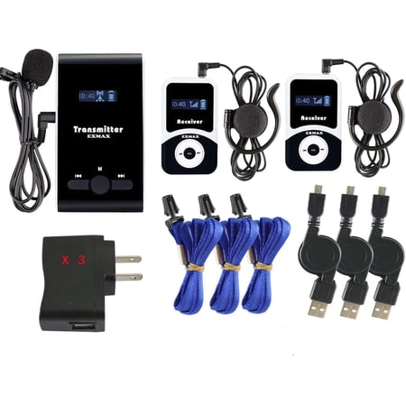 EXMAX ATG-100T 195MHz Wireless Microphone Audio Tour Guide System Simultaneous Interpretation Equipment Interpreting Translator in Ear for Social Distancing Churches (1 Transmitter 2 Receivers)