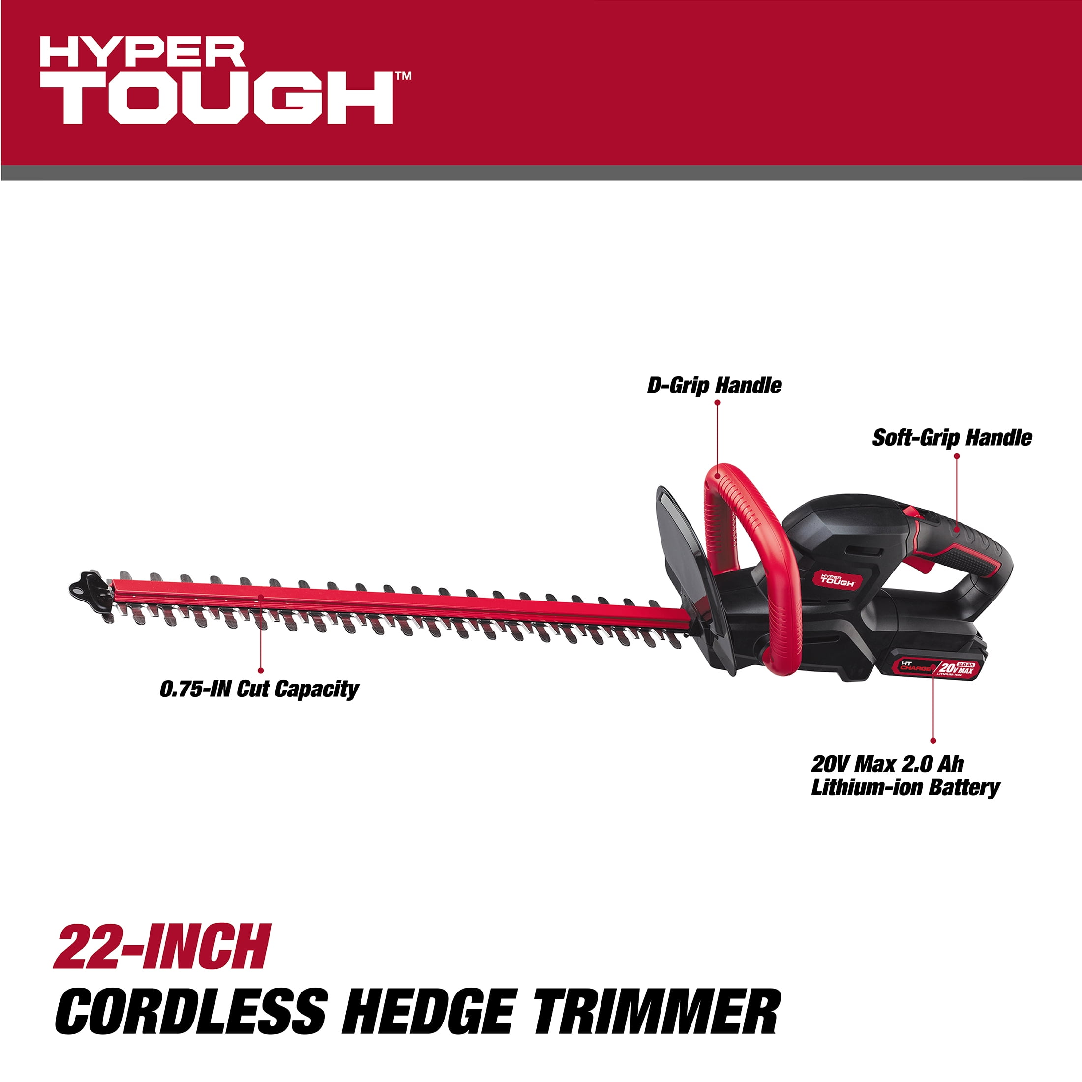Hyper Tough HT21-401-003-07 20V Max Cordless Battery Powered Hedge Trimmer - 22 in