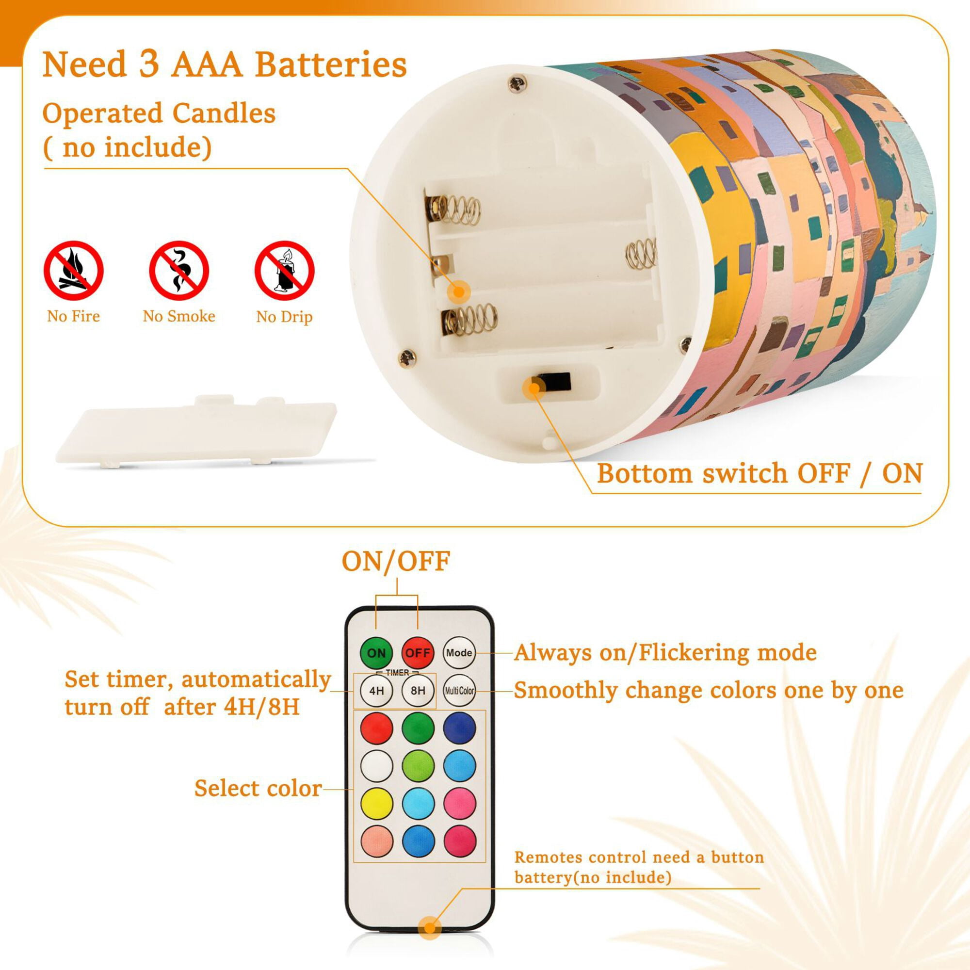 Yayeee Flameless Candles with Remote Flickering Battery Operated Multi Color Changing, Orange Cityscape Painting