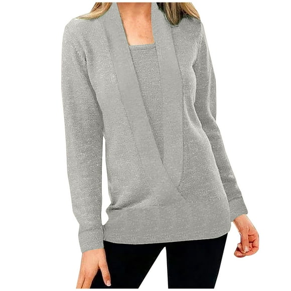 Lolmot Mode Femmes Hiver Solide à Manches Longues Pullove V-Neck Casual Pull Tops