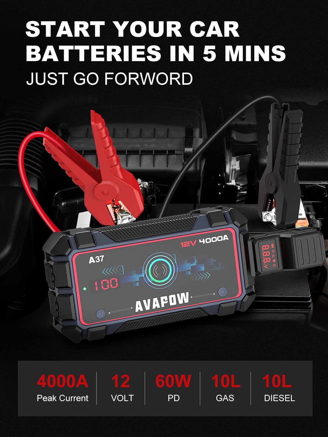 AVAPOW Car Battery Jump Starter 4000A Peak,12V Portable Jumpstart Box for  up to 10L Gas 10L Diesel Engine with Booster Function,PD 60W Fast Charging  Lithium Jump Starters Charger Pack 