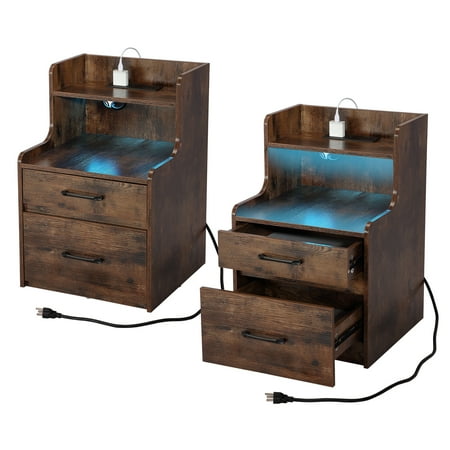 Yamissi Nightstand Set of 2 with Charging Station, Bedside Table with LED Lights, Night Stand with 2 Drawers, 3-Tier Storage End Table for Bedroom, Rustic Brown