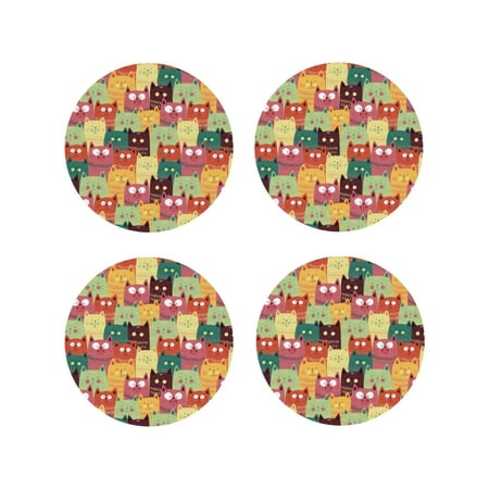 

Junzan Cute Cartoon Cat Print Coasters for Drinks - Leather Coasters Set of 4 for Coffee Table for Housewarming/Kitchen/Bar/Decor-Round Shape