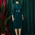 thumbnail image 4 of AURA Womens Elegant Lace Hollow Out Pleated Midi Dress High Waist Belted 3 4 Lantern Sleeve, 4 of 9