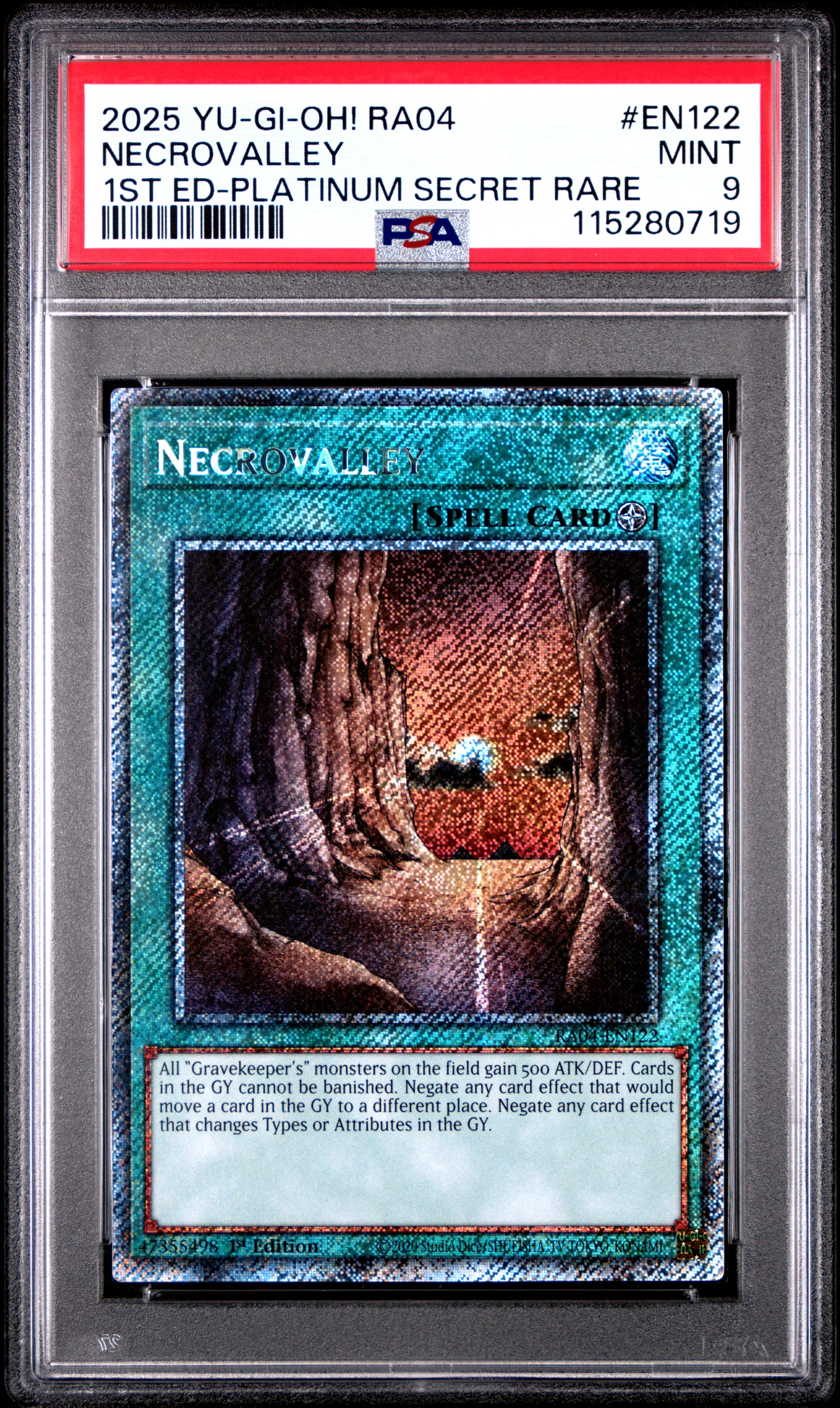 Yu Gi Oh! TCG, PSA Graded 9 MINT, Necrovalley 1St Ed Platinum Secret Rare #EN122, Ra04 Quarter Century Stampede, Fully Encapsulated Bundle with Compatible Yu Gi Oh! Hard Sealed Case